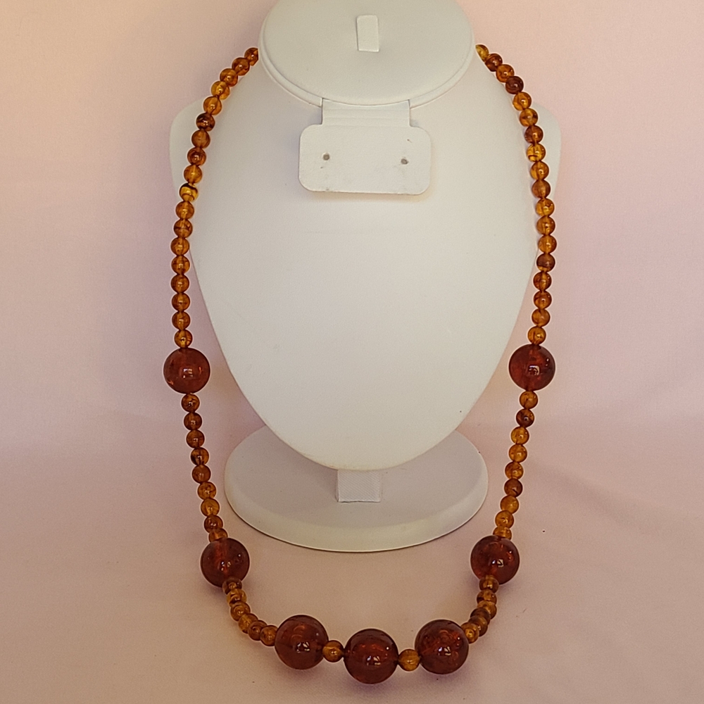 Vintage Faux Honey Amber Lucite Graduated Beaded Necklace Retro Chunky 30"